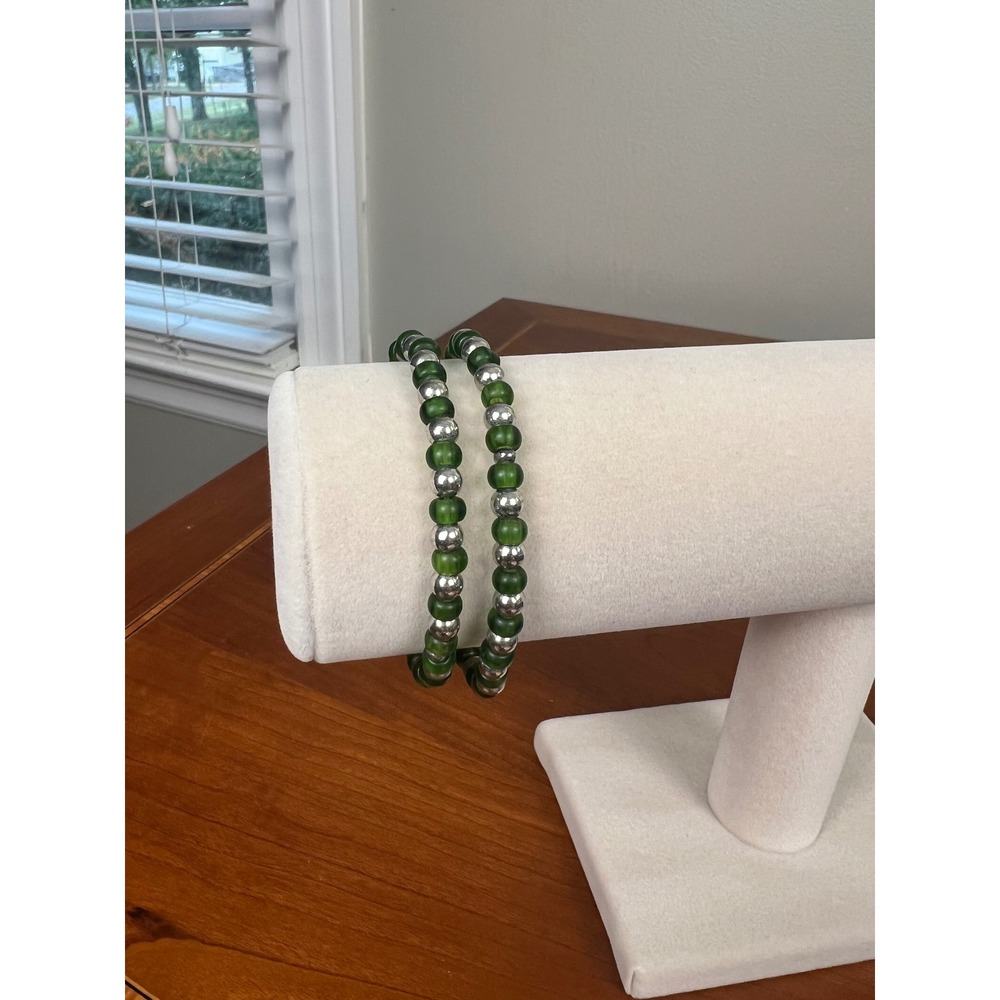Lot of 2 Green and Silver Beaded Stretch Bracelets Set Stackable Round Bead